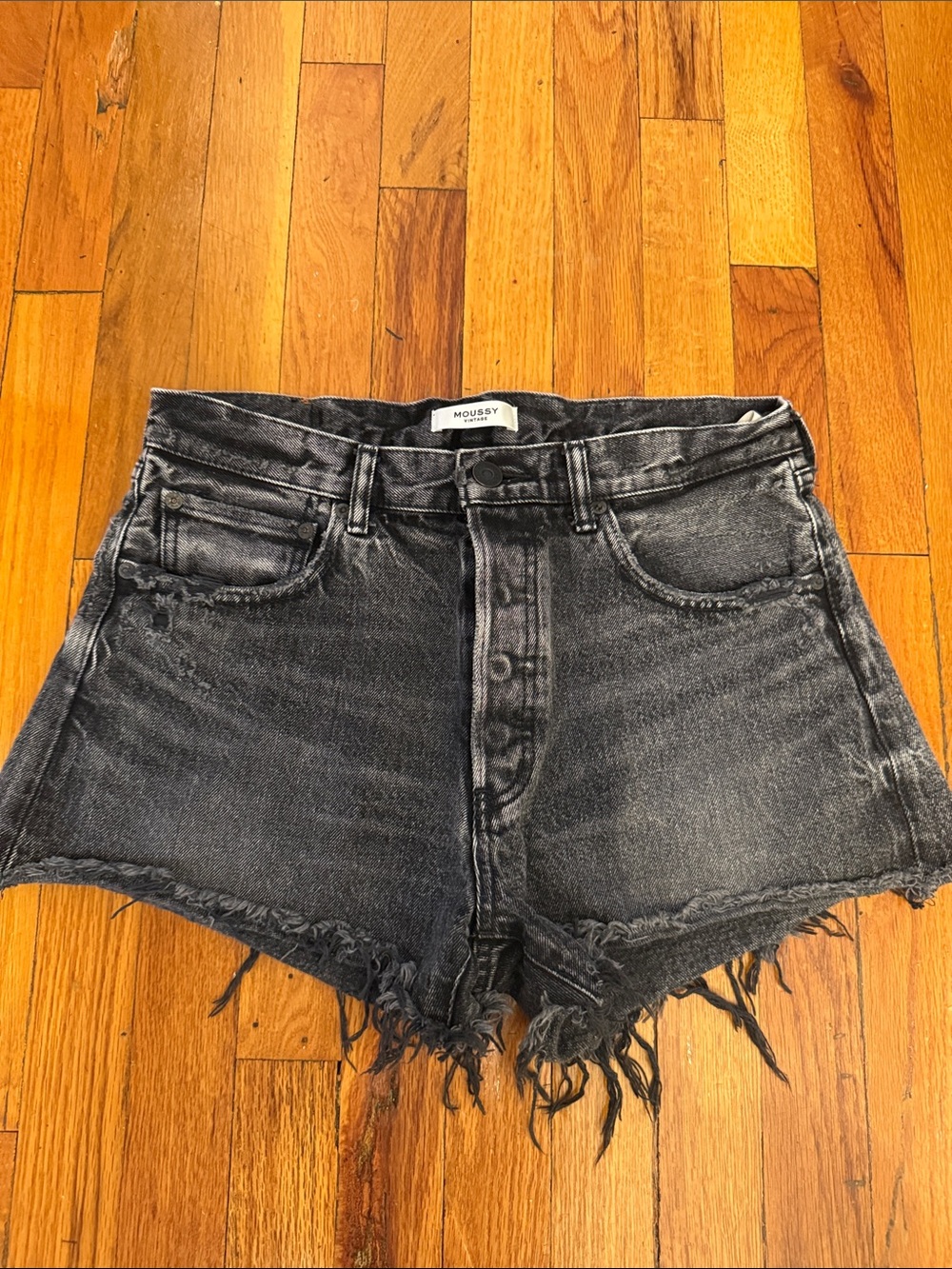 Moussy Faded Black High-Waist Distressed Denim Shorts